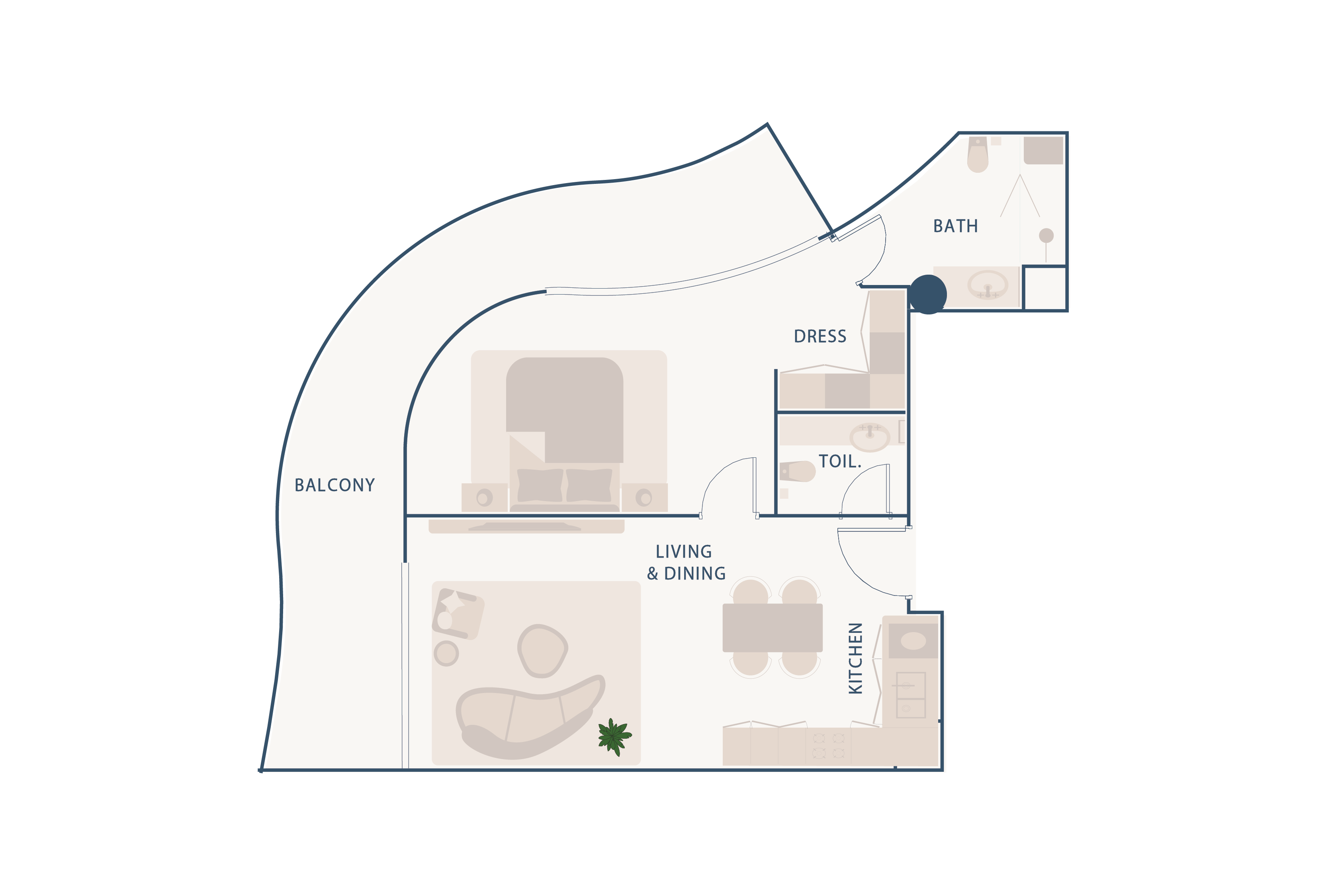 Beach Walk Residence A layout of a modern apartment featuring a living area, kitchen, balcony, dressing room, and bathroom.